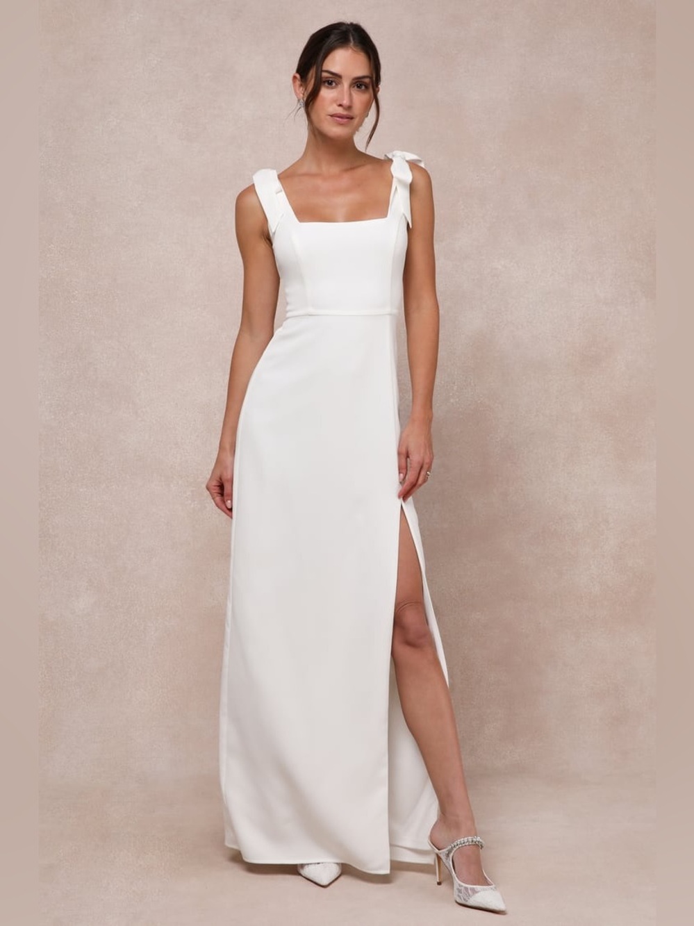 Sleek White Square-Neck Maxi Dress with Side Slit